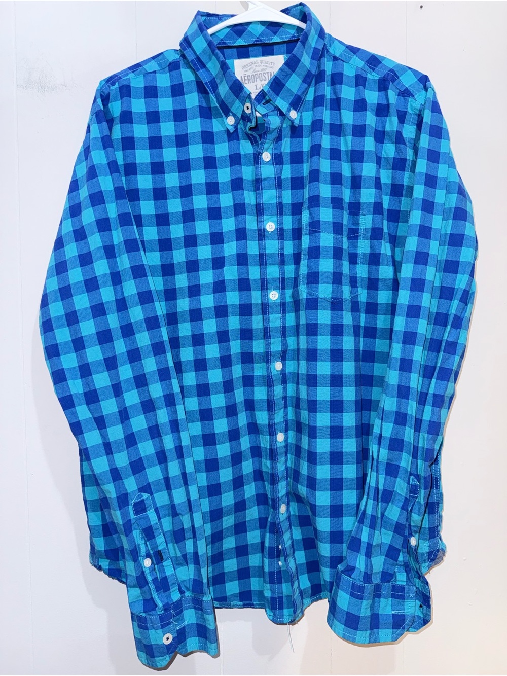Aeropostale Blue & Teal Plaid Button Down Shirt Size Large EUC